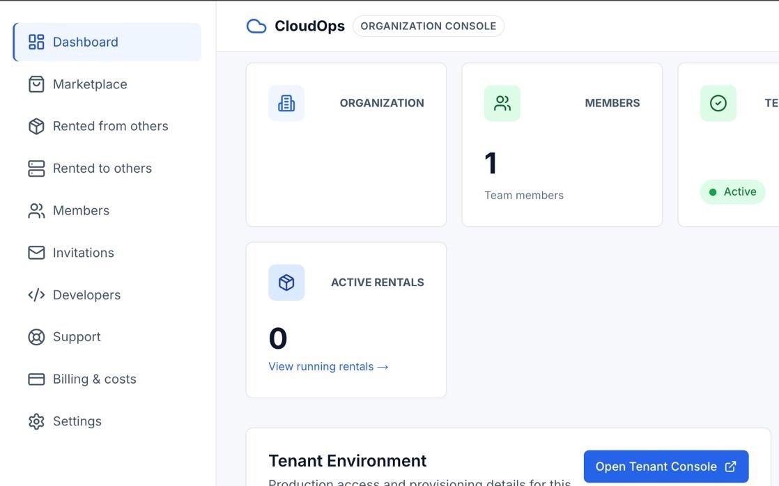 The CloudOps organization console: a dashboard showing organization, members, tenant status and active rentals, above the tenant environment panel.