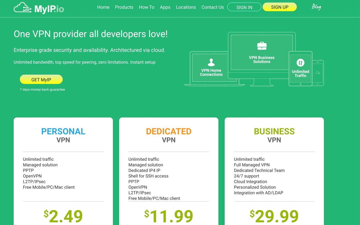 The MyIP.io home page, showing its Personal, Dedicated and Business VPN plans side by side with the features included in each.